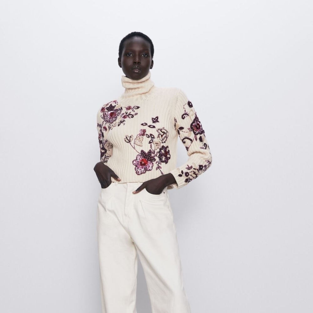 ZARA Beaded Floral Embroidered Knit Sweater